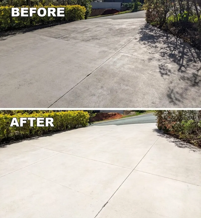 Before and after photos of a driveway pressure washed clean