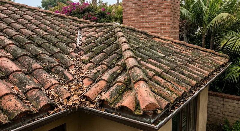 A tile roof covered in moss and algae before soft washing