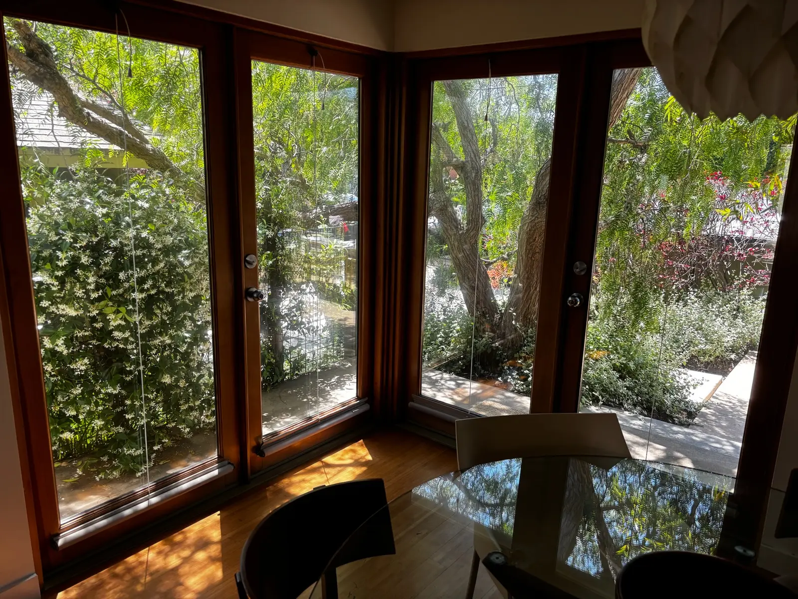Warm interior looking out through spotless wood-framed corner windows