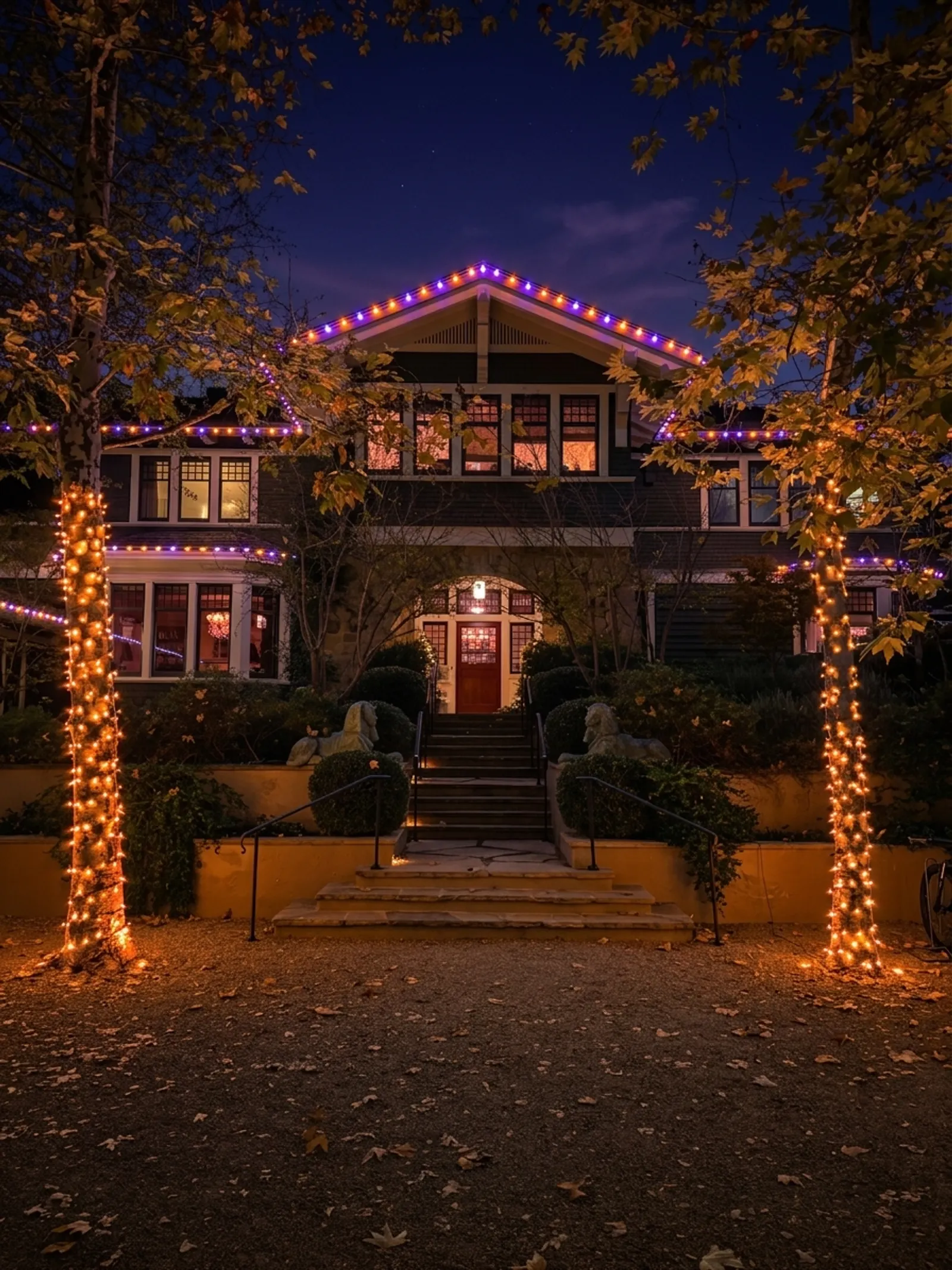 A grand craftsman estate outlined in purple Halloween lights with trees wrapped in orange lights