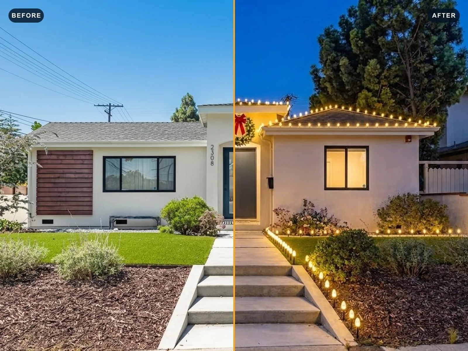 A real AI-generated before and after mockup, showing a home in daylight next to the same home lit up with Christmas lights