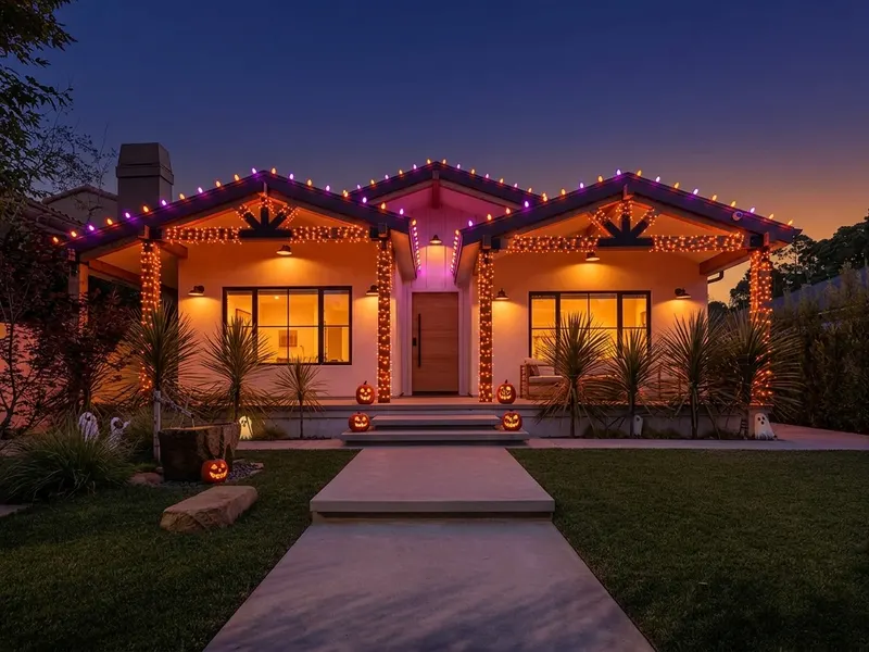 The same home lit up for Halloween with orange and purple lights and jack-o'-lanterns